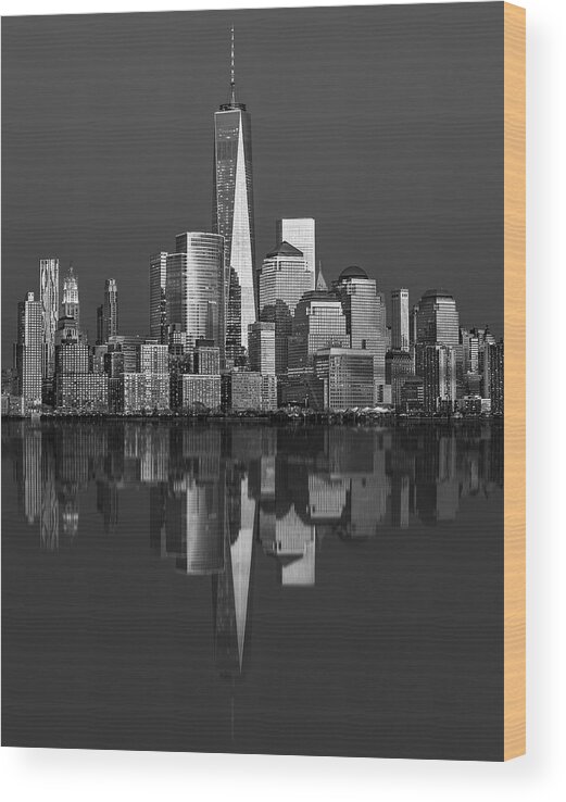 World Trade Center Wood Print featuring the photograph World Trade Center Reflections BW by Susan Candelario