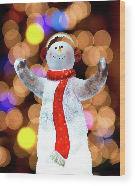 Christmas Wood Print featuring the photograph Worshiping Snowman by Adam Reinhart