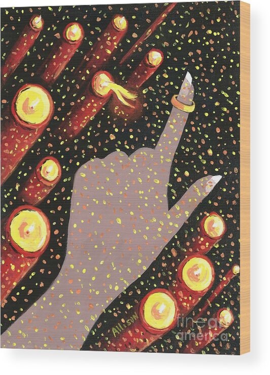 #sting #wrappedaroundmyfinger #music #candles Wood Print featuring the painting Wrapped Around My Finger by Allison Constantino