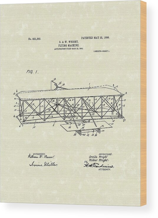 Invention Wood Print featuring the drawing Wright Brothers Flying Machine 1906 Patent Art by Prior Art Design