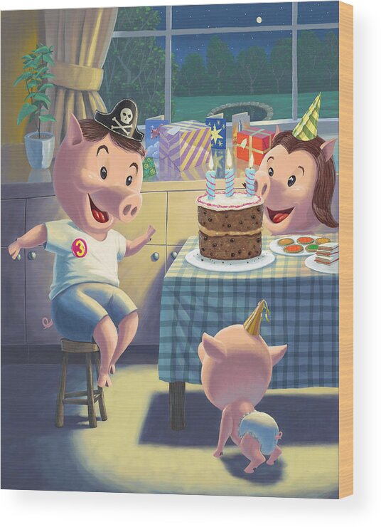 Pig Wood Print featuring the painting Young Pig Birthday Party by Martin Davey