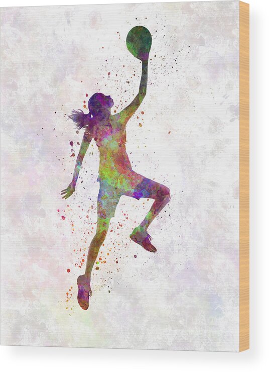 Young Woman Basketball Player In Watercolor Wood Print featuring the painting Young woman basketball player 02 in watercolor by Pablo Romero