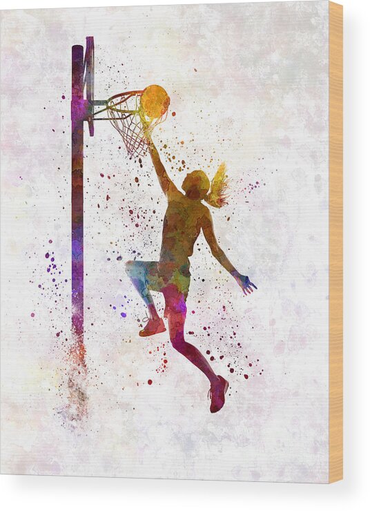 Young Woman Player In Watercolor Wood Print featuring the painting Young woman basketball player 04 in watercolor by Pablo Romero