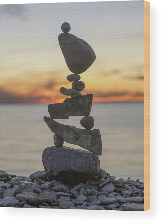 Meditation Zen Yoga Mindfulness Stones Nature Land Art Balancing Sweden Wood Print featuring the sculpture Balancing art #34 by Pontus Jansson