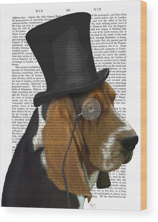 Steampunk Wood Print featuring the painting Basset Hound, Formal Hound And Hat #1 by Fab Funky