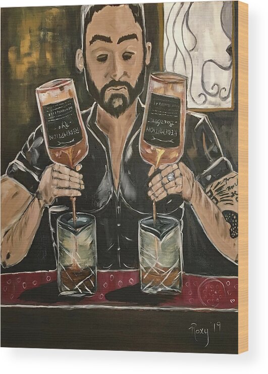 Bartender Wood Print featuring the painting He's Crafty featuring Mark by Roxy Rich