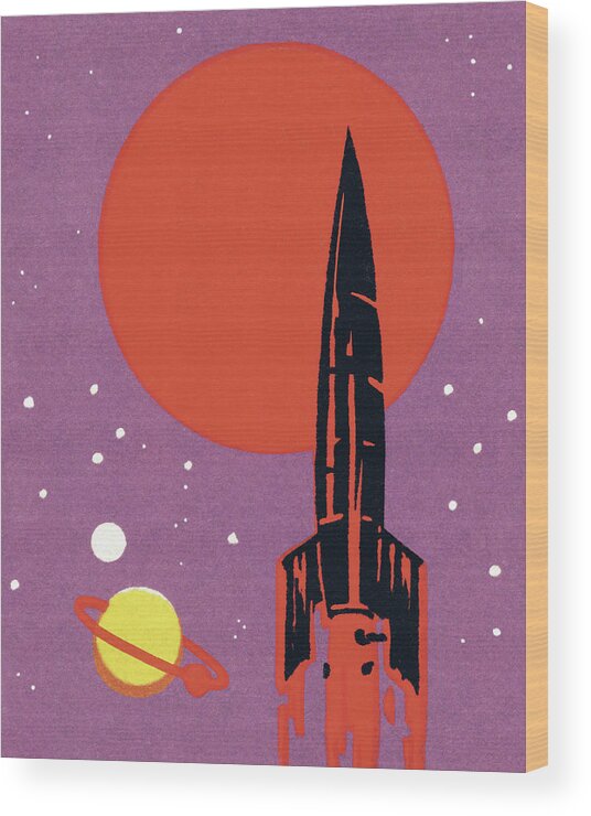 Blastoff Wood Print featuring the drawing Rocket in Outer Space #1 by CSA Images