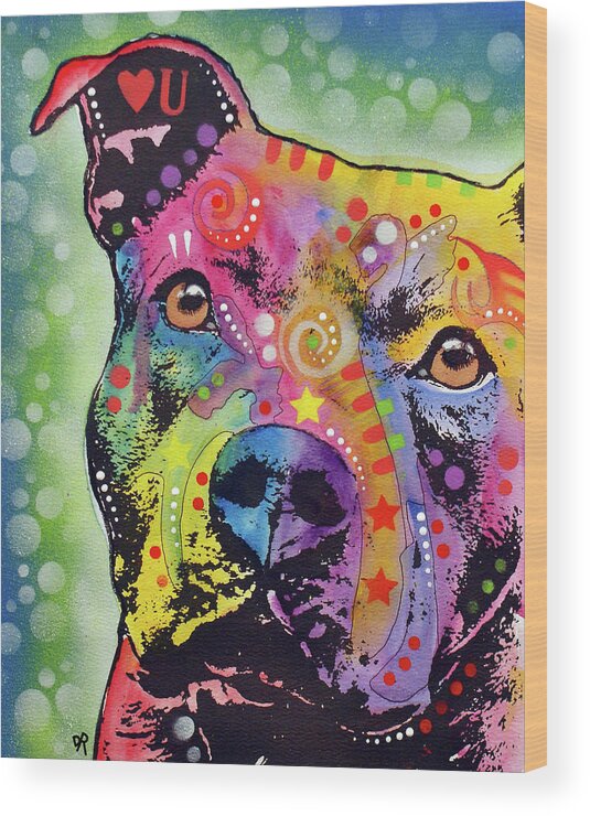 Thoughtful Pit Bull White Bubble Wood Print featuring the mixed media Thoughtful Pit Bull White Bubble #1 by Dean Russo