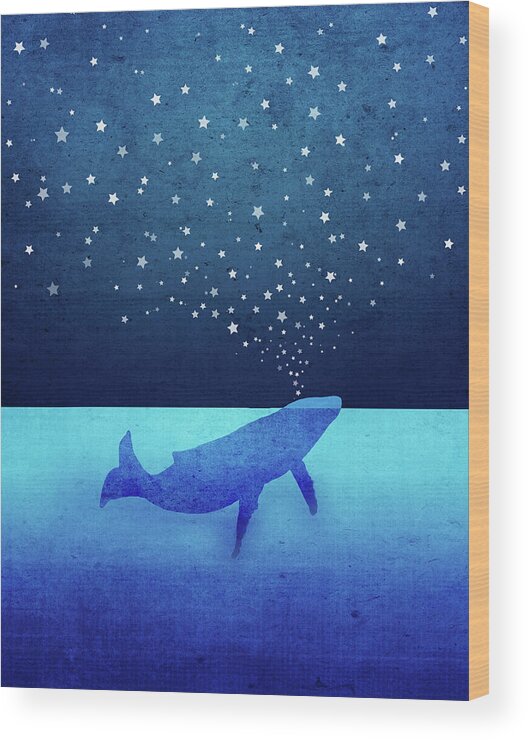 Whale Wood Print featuring the digital art Whale Spouting Stars by Laura Ostrowski