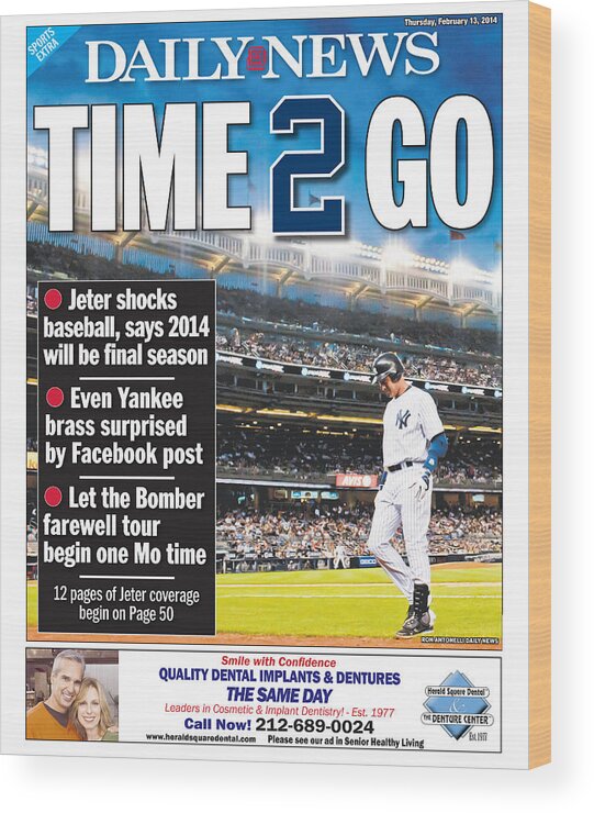 American League Baseball Wood Print featuring the photograph Daily News Back Page Derek Jeter by New York Daily News