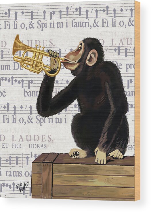 Steampunk Wood Print featuring the painting Monkey Playing Trumpet #3 by Fab Funky