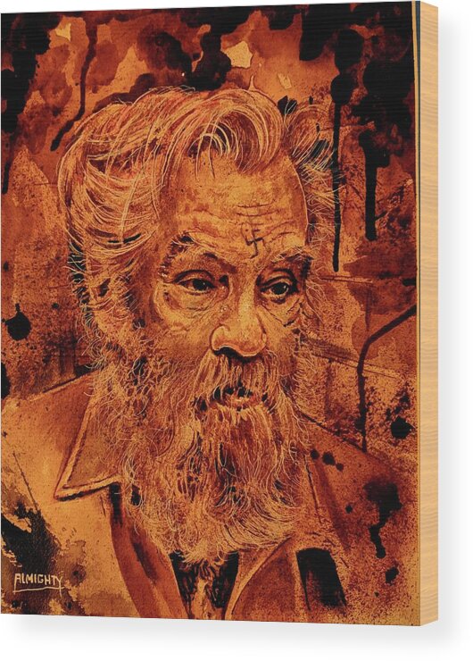 Ryan Almighty Wood Print featuring the painting CHARLES MANSON portrait fresh blood by Ryan Almighty
