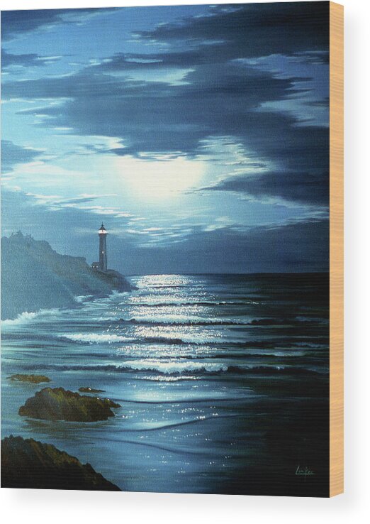 Lighthouse In Distance Over Beach At Night Wood Print featuring the painting 54 by Thomas Linker