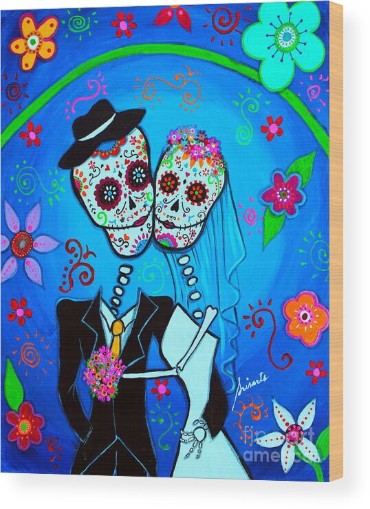 Day Of The Dead Wood Print featuring the painting Wedding Dia De Los Muertos #7 by Pristine Cartera Turkus