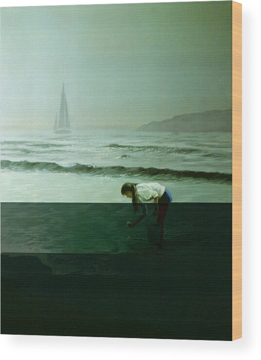 Girl With Bucket Bent Over In Water Looking At Something Wood Print featuring the painting 85 by Thomas Linker