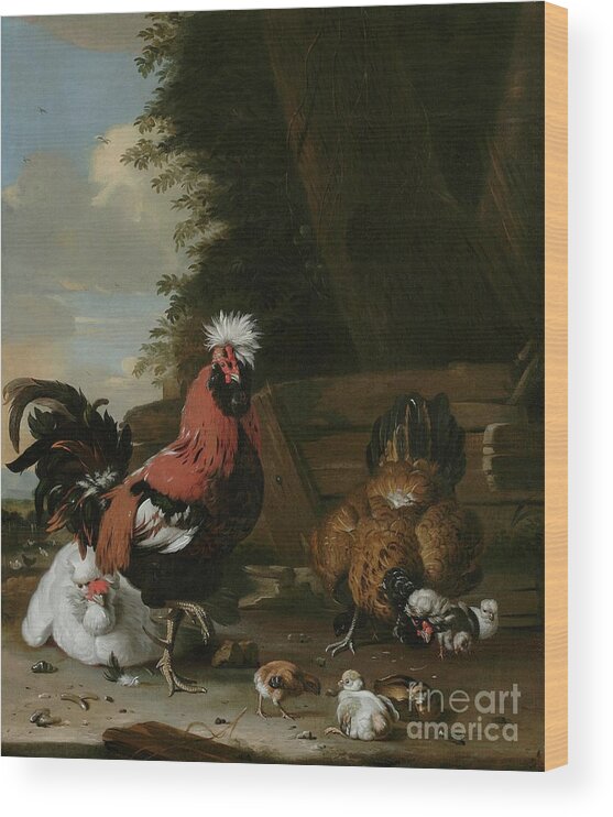 Animal Wood Print featuring the painting A Bantam Cockerel With Hens And Chicks In A Farmyard by Melchior De Hondecoeter