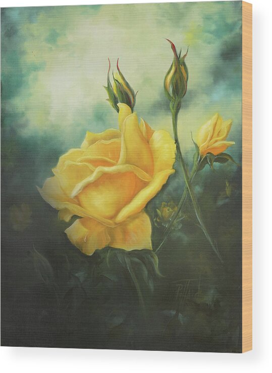 Rose Wood Print featuring the painting Yellow Friendship Rose by Lynne Pittard