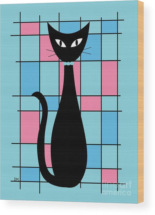 Mid Century Modern Wood Print featuring the digital art Abstract Cat in Blue and Pink by Donna Mibus