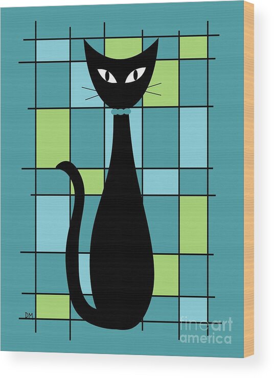  Wood Print featuring the digital art Abstract Cat in Teal by Donna Mibus