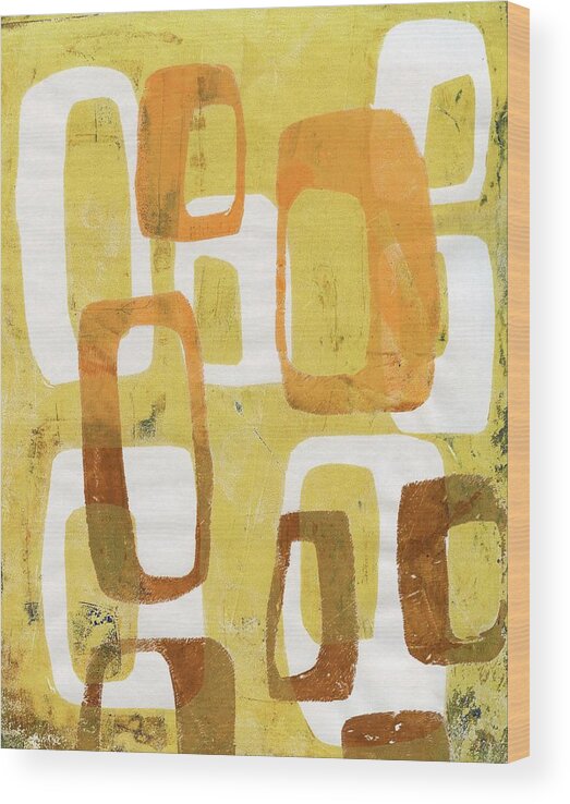 Mod Wood Print featuring the painting Abstract Mod Orange Brown Yellow Gelli by Jane Linders