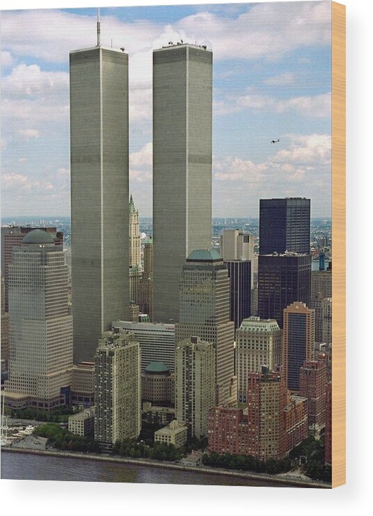 Twin Towers Wood Print featuring the photograph Aerial Of Lower Manhattan Showing The by New York Daily News Archive