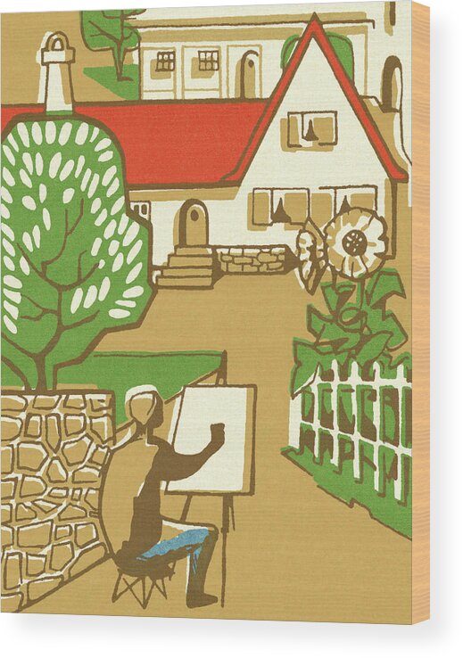 Art Wood Print featuring the drawing Artist Painting a House by CSA Images