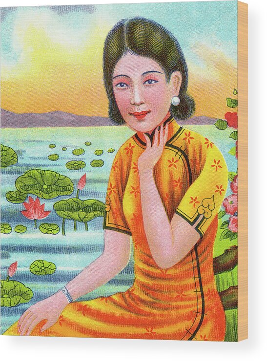 Adult Wood Print featuring the drawing Asian Woman by a Pond by CSA Images