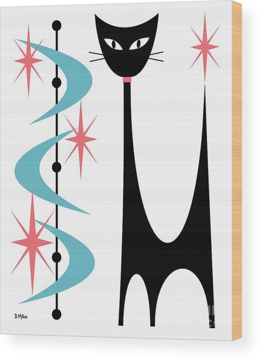 Mid Century Modern Wood Print featuring the digital art Atomic Cat Blue and Pink on White by Donna Mibus