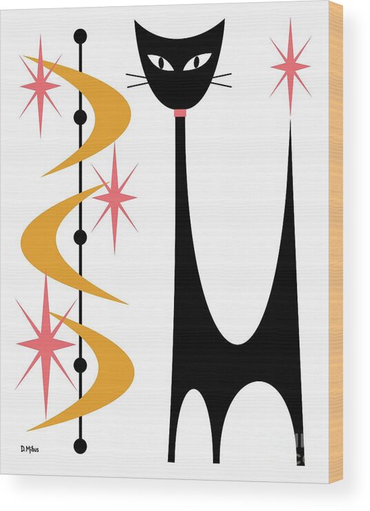 Mid Century Modern Wood Print featuring the digital art Atomic Cat Pink and Gold on White by Donna Mibus