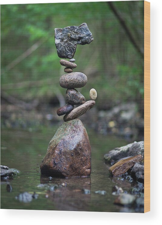 Meditation Zen Yoga Mindfulness Stones Nature Land Art Balancing Sweden Wood Print featuring the sculpture Balancing art #18 by Pontus Jansson
