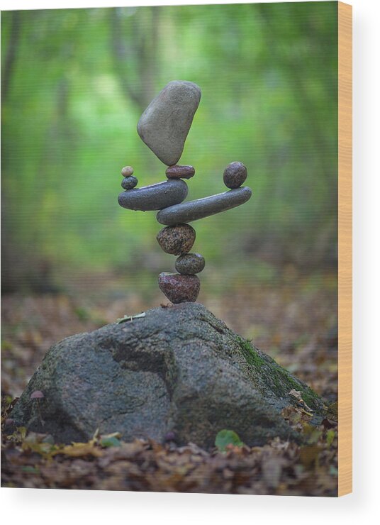 Meditation Zen Yoga Mindfulness Stones Nature Land Art Balancing Sweden Wood Print featuring the sculpture Balancing art #34 by Pontus Jansson