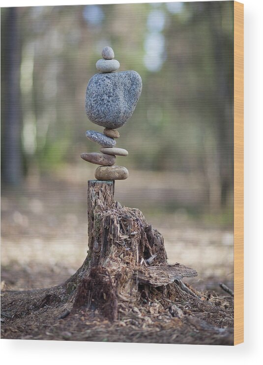 Meditation Zen Yoga Mindfulness Stones Nature Land Art Balancing Sweden Wood Print featuring the sculpture Balancing art #58 by Pontus Jansson