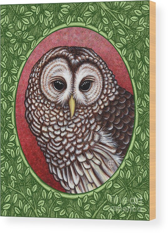 Animal Portrait Wood Print featuring the painting Barred Owl Portrait - Green Border by Amy E Fraser