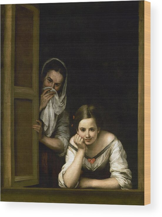 Bartolome Esteban Murillo Wood Print featuring the painting Bartolome Esteban Murillo Two Women at a Window, c.1655/1660. National Gallery of Art Washington DC. by Bartolome Esteban Murillo