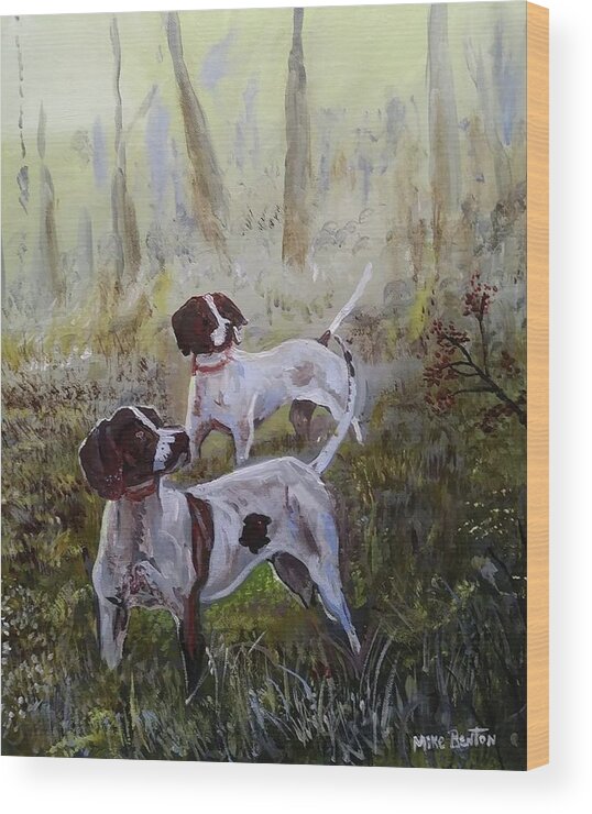 Hunting Wood Print featuring the painting Bird Dogs by Mike Benton