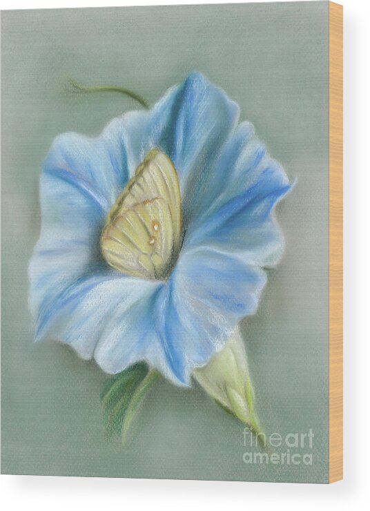 Botanical Wood Print featuring the painting Blue Morning Glory with Yellow Butterfly by MM Anderson