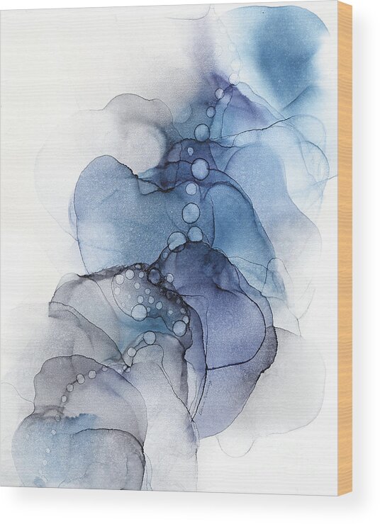 Alcohol Ink Wood Print featuring the painting Blue Petal Dots Whispy Abstract Painting by Alissa Beth Photography