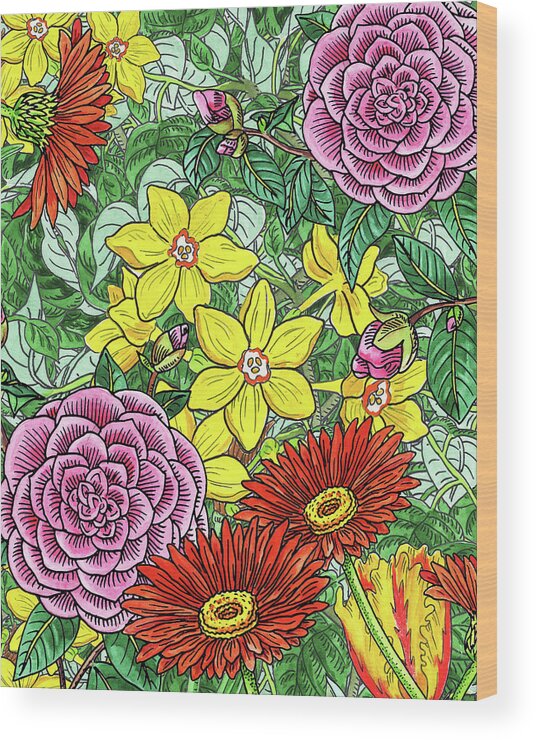 Botanical Wood Print featuring the painting Botanical Watercolor Flowers Garden Flowerbed I by Irina Sztukowski