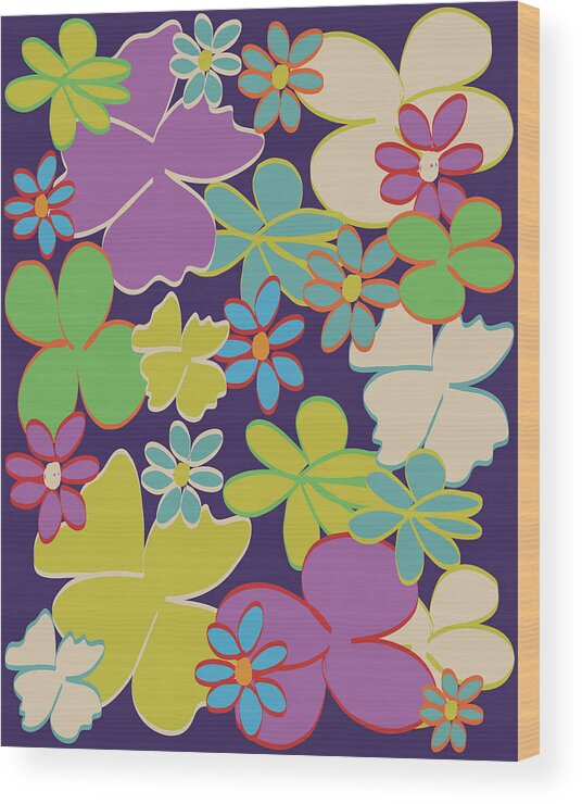 Hand-drawn Flowers Wood Print featuring the digital art Bright Blooms on Dark Purple by Lisa Blake