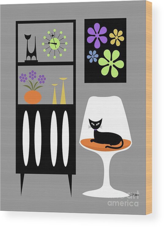 Retro Wood Print featuring the digital art Cat in Gray Room by Donna Mibus