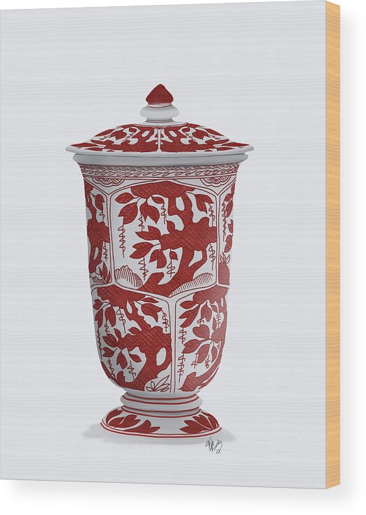 Drinkware Wood Print featuring the painting Chinoiserie Vase Tree Red by Fab Funky
