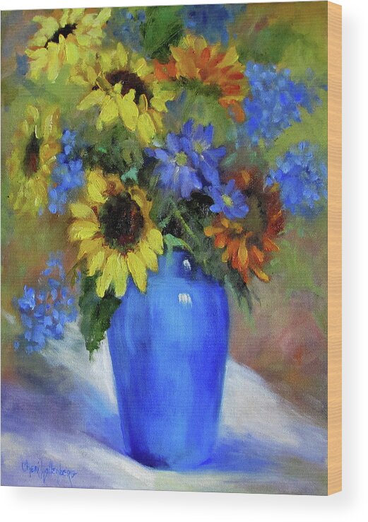 Floral Print Wood Print featuring the painting Cobalt Blue Vase With Sunflower Arrangement I by Cheri Wollenberg