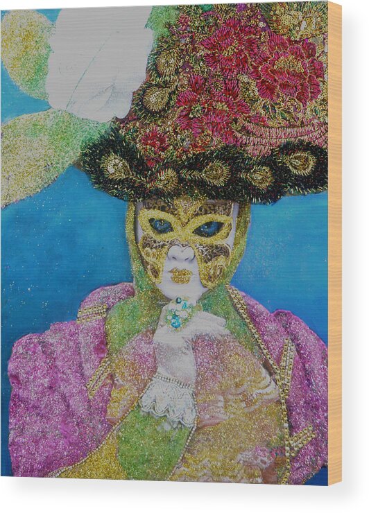 Mixed Media Painting Wood Print featuring the mixed media Contessa - The Carnival of Venice by Anni Adkins