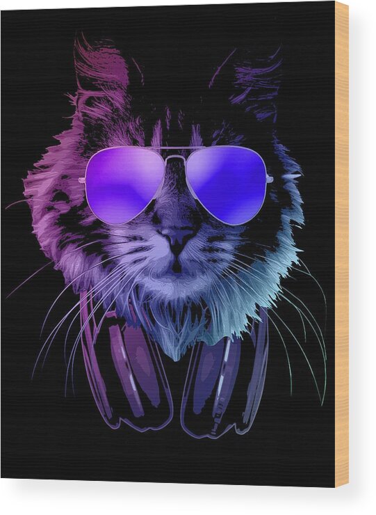 Cat Wood Print featuring the digital art Cool DJ Furry Cat In Neon Lights by Filip Schpindel
