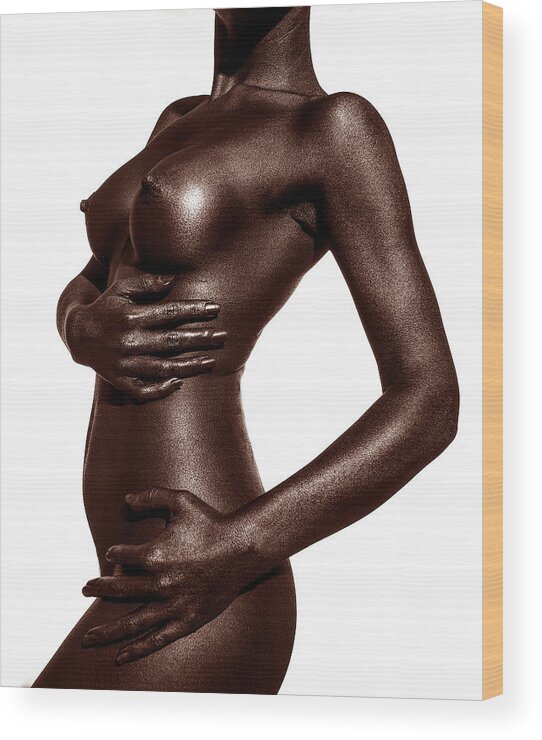 Female Wood Print featuring the photograph Copper-toned black and white torso by Anders Kustas