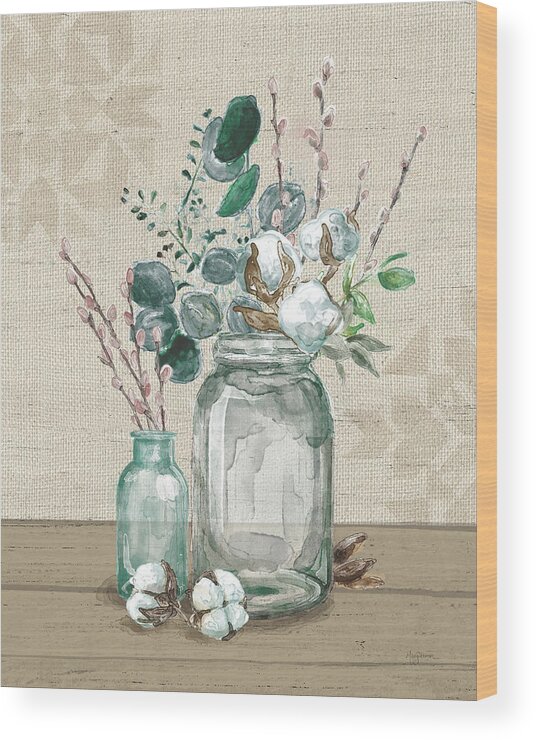 Arrangements Wood Print featuring the painting Cotton Bouquet II by Mary Urban