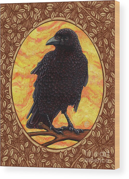 Animal Portrait Wood Print featuring the painting Crow Portrait - Brown Border by Amy E Fraser