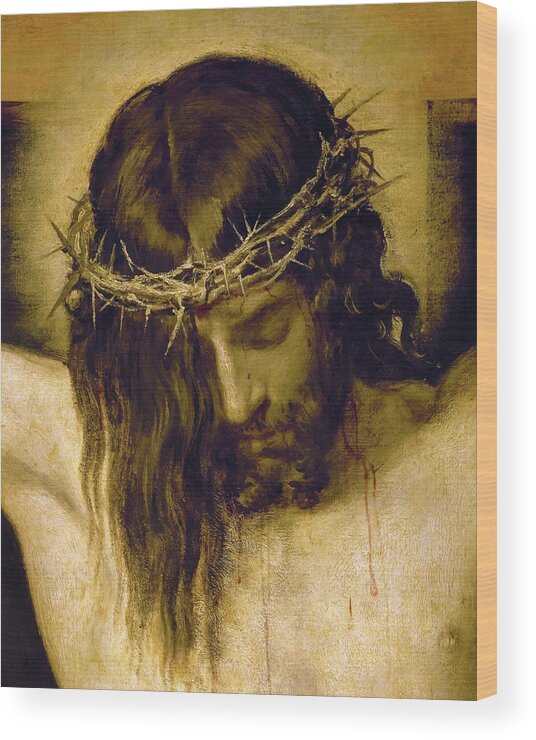 Cristo Crucificado Wood Print featuring the painting Crucified Christ -detail of the head-. Cristo crucificado. Madrid, Prado museum. DIEGO VELAZQUEZ . by Diego Velazquez -1599-1660-