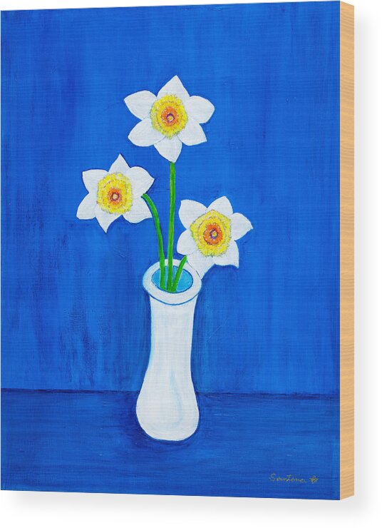 Daffodils Wood Print featuring the painting Daffodils on Blue by Santana Star