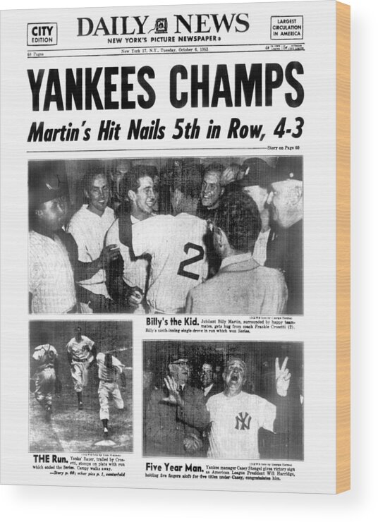 American League Baseball Wood Print featuring the photograph Daily News Back Page Dated Oct. 6, 1953 by New York Daily News Archive